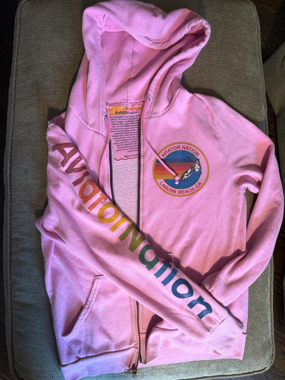 Aviator Nation Pink Zip Hoodie with Rainbow Sleeve Logo